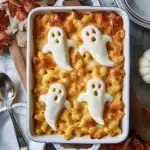 Spooky Halloween macaroni and cheese with mozzarella ghost toppings in a white baking dish