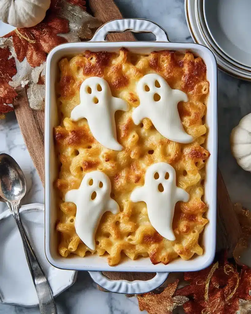 Spooky Halloween macaroni and cheese with mozzarella ghost toppings in a white baking dish