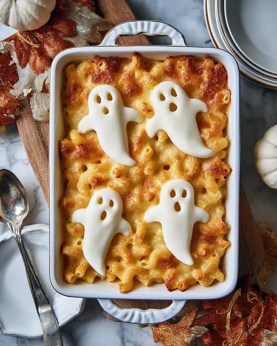 Spooky Halloween macaroni and cheese with mozzarella ghost toppings in a white baking dish