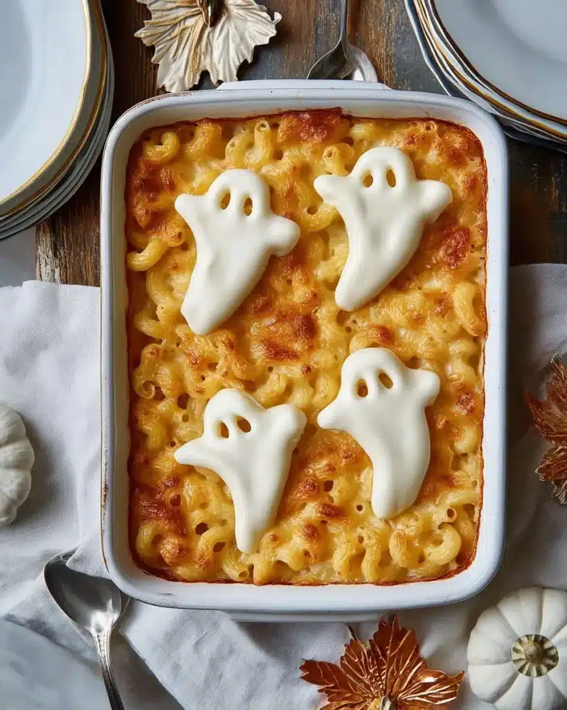 Halloween macaroni and cheese topped with ghost-shaped mozzarella in a baking dish