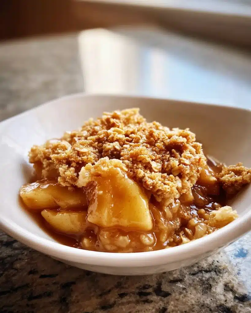 Classic Apple Crisp Recipe for Cozy Comfort 9 A square serving of classic apple crisp with golden crumble topping and caramelized apples in a white bowl.