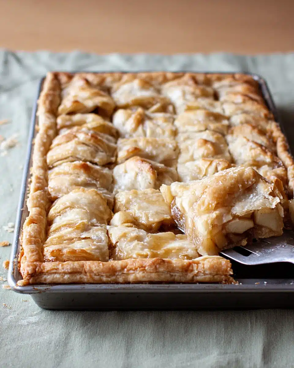 Freshly baked apple slab pie in a rectangular pan with golden, flaky crust and juicy apple filling, served on a towel with pie slice being lifted.