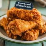 Golden crispy Southern fried chicken drumsticks in a white enamel plate with crunchy coating on a rustic table.