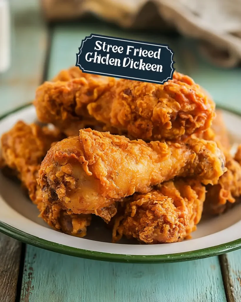 Golden crispy Southern fried chicken drumsticks in a white enamel plate with crunchy coating on a rustic table.