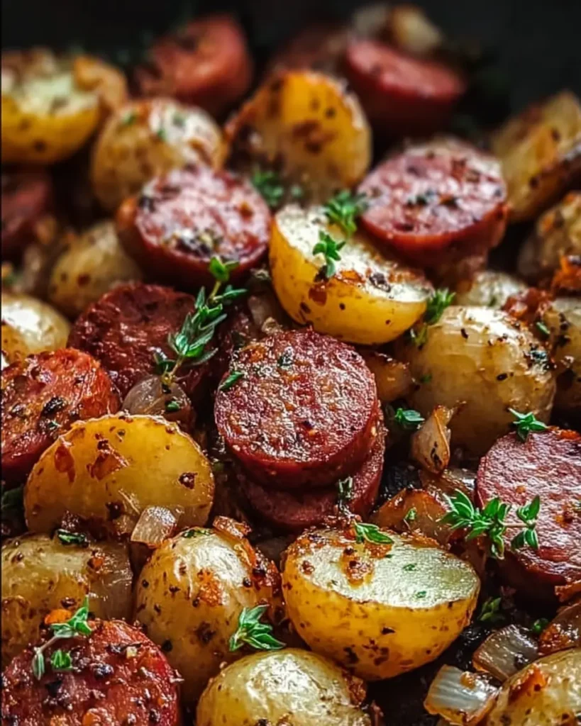 Golden roasted kielbasa and potatoes with fresh thyme, crispy edges, and tender centers on a rustic table.