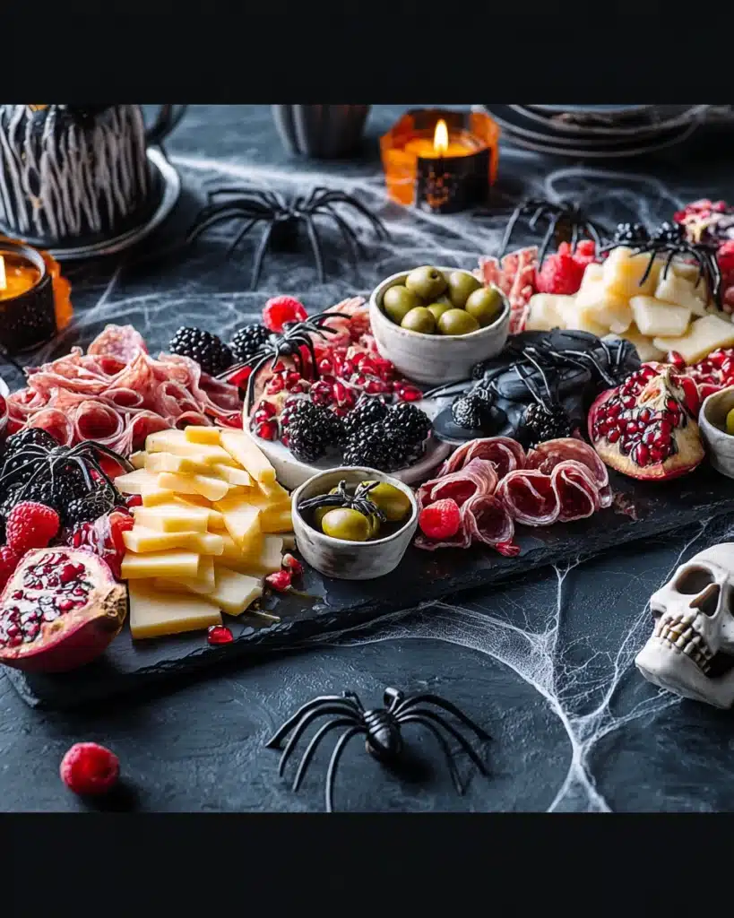 Halloween Charcuterie Boards – Spooky, Fun, and Delicious 13 Gothic Halloween charcuterie board with cheeses, meats, fruits, and fake spiders