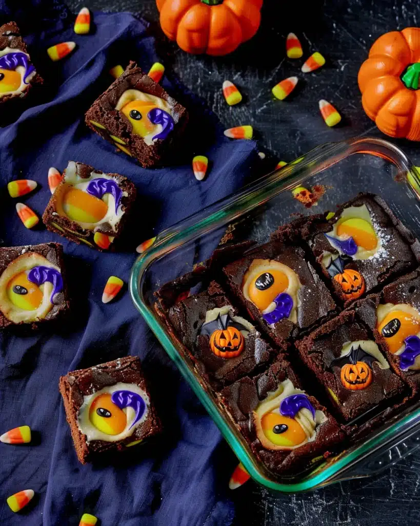 Halloween brookies cut into squares with ghost sugar cookies and scattered candy corn and chocolates on a dark background.