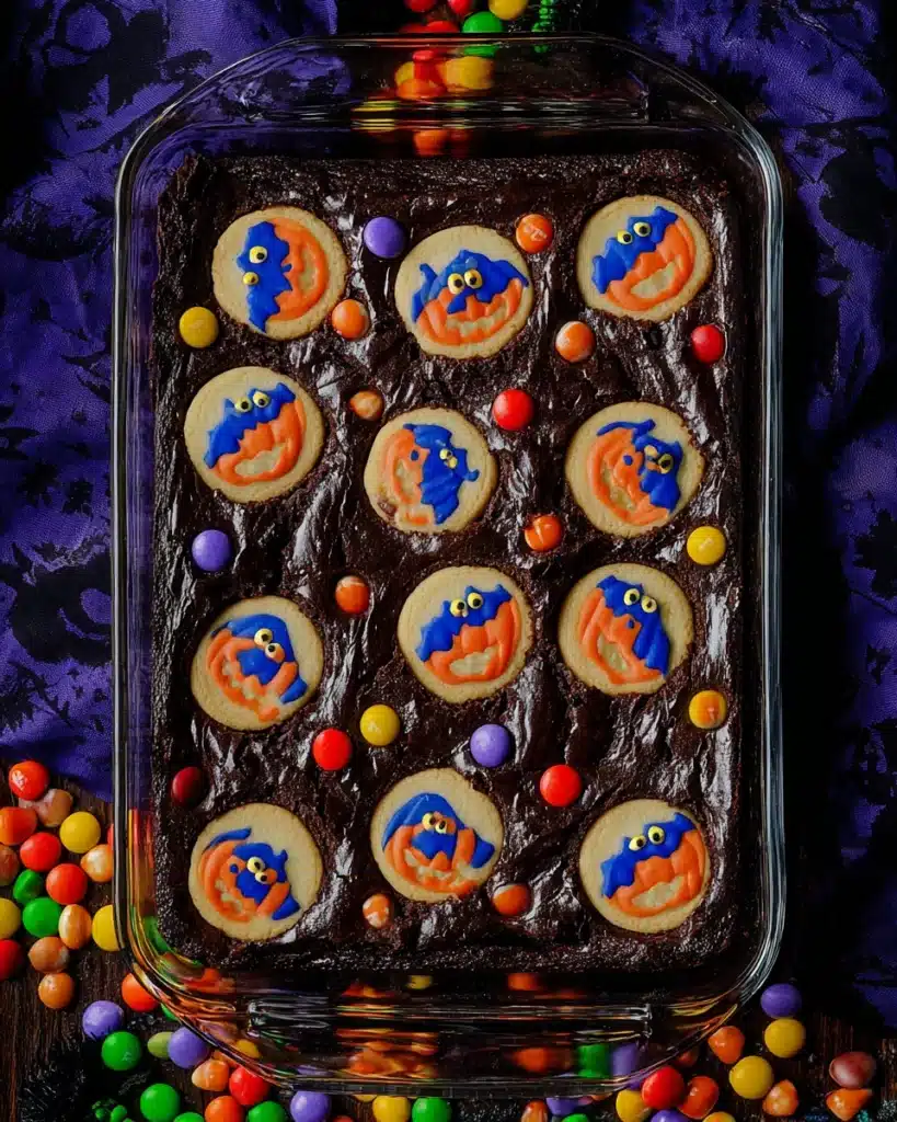 Close-up of Halloween brookies baked in a glass dish, topped with ghost cookies and colorful M&M candies.