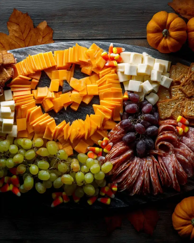Halloween Charcuterie Boards – Spooky, Fun, and Delicious 11 Halloween charcuterie board with jack-o-lantern cheese, grapes, and meats