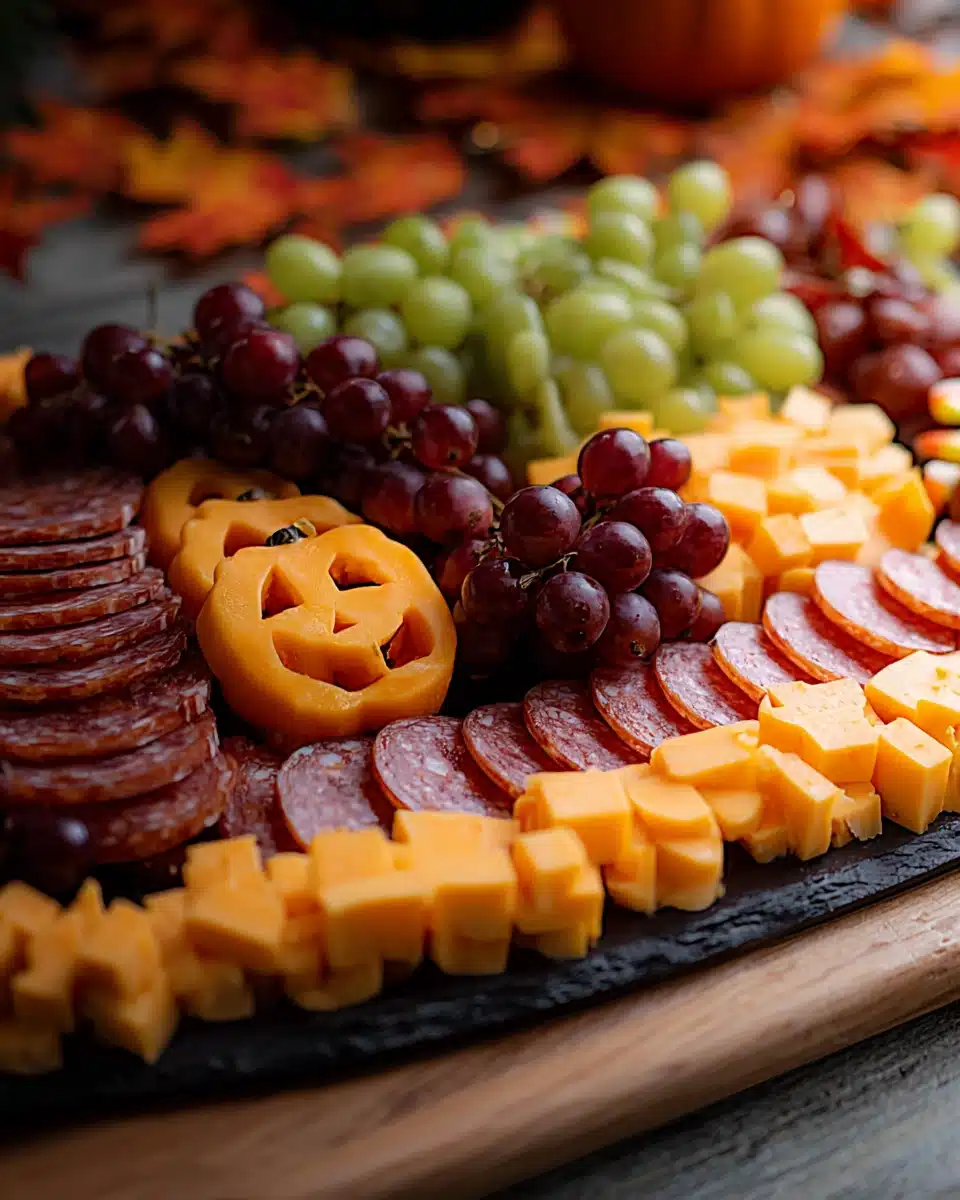 Halloween charcuterie board with cheddar pumpkin cheese, grapes, and meats on a rustic platter