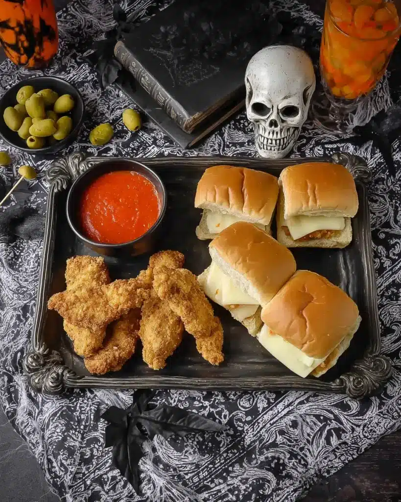 Flat lay of Halloween Chicken Parmesan Slider ingredients with slider buns, crispy chicken tenders, marinara sauce, cheese, and olives on a spooky black tray.