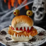 Halloween Chicken Parmesan Slider with olive eyes, jagged mozzarella teeth, crispy chicken, and marinara on a spooky festive plate.