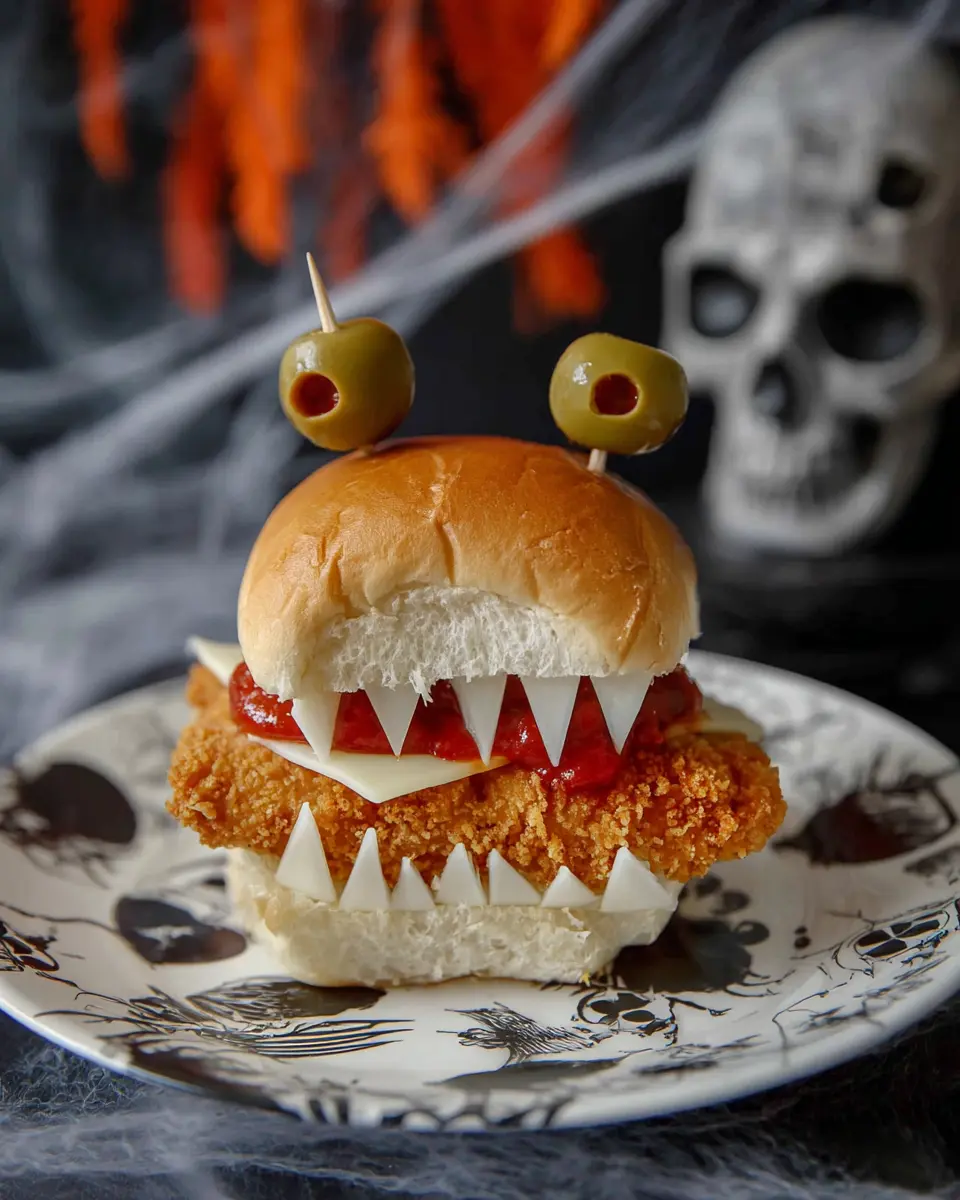 Halloween Chicken Parmesan Slider with olive eyes, jagged mozzarella teeth, crispy chicken, and marinara on a spooky festive plate.