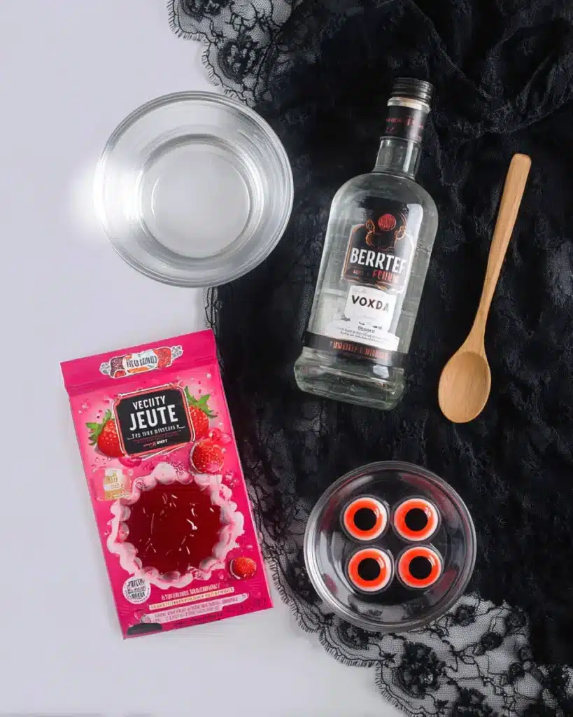 Flat lay photo of ingredients for Halloween eyeball jello shots including strawberry Jell-O, berry vodka, candy eyeballs, a glass bowl of water, and a wooden spoon on black cloth.