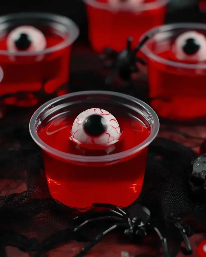 Red jello shots with floating candy eyeballs in clear cups on a black lace background, decorated with a plastic spider for Halloween.