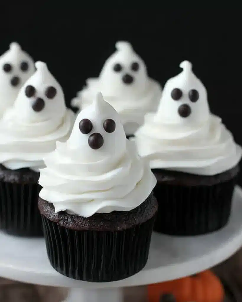 Chocolate cupcakes topped with ghost-shaped white frosting decorated with black eyes and mouth, perfect for Halloween treats.