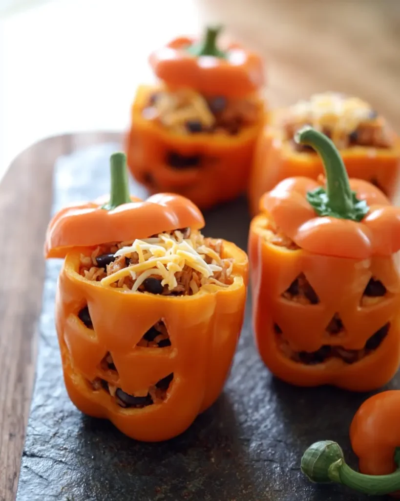 Halloween jack-o-lantern stuffed peppers filled with shredded chicken, rice, beans, and cheese on a rustic surface.