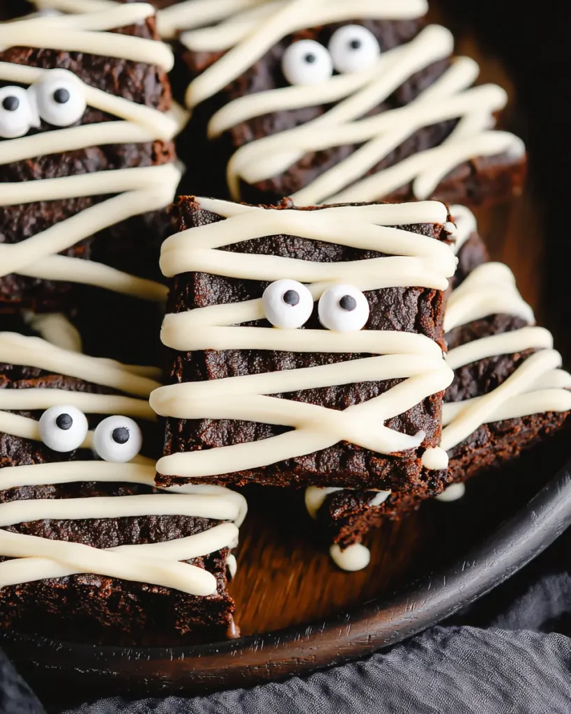 Halloween mummy brownies with white chocolate drizzle and candy eyeballs on a dark tray