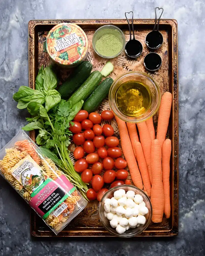 Halloween Pasta Salad – A Fun and Spooky Side Dish 11 “Flat lay of Halloween pasta salad ingredients including tricolor pasta, carrots, cucumber, cherry tomatoes, mozzarella pearls, fresh basil, parsley, balsamic vinegar, olive oil, and garlic powder.”