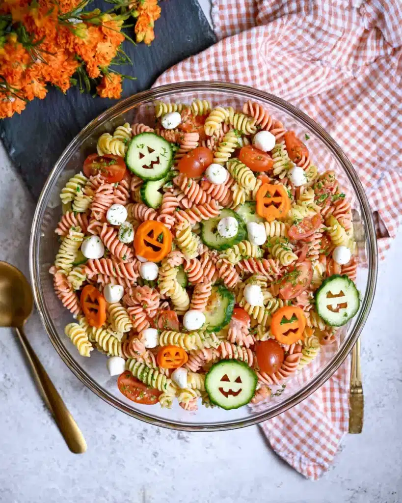 Halloween Pasta Salad – A Fun and Spooky Side Dish 10 “Halloween pasta salad with carved cucumber jack-o-lanterns, tricolor rotini, mozzarella pearls, cherry tomatoes, and carrots in a glass bowl on a rustic table.”