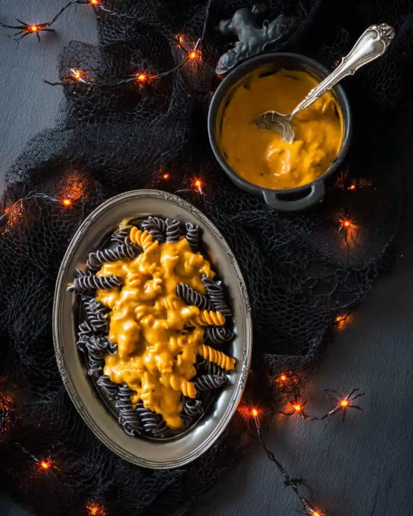 Halloween Pumpkin Ale Mac and Cheese – A Spooky Twist on Comfort Food 12 Overhead view of Halloween pumpkin ale mac and cheese with black pasta and orange cheese sauce on a festive table with lights.