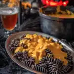 Halloween Pumpkin Ale Mac and Cheese – A Spooky Twist on Comfort Food 14 Halloween pumpkin ale mac and cheese with black rotini pasta and creamy orange cheese sauce served in a rustic dish.