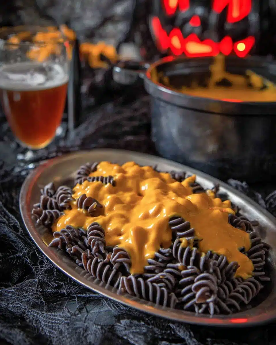 Halloween pumpkin ale mac and cheese with black rotini pasta and creamy orange cheese sauce served in a rustic dish.