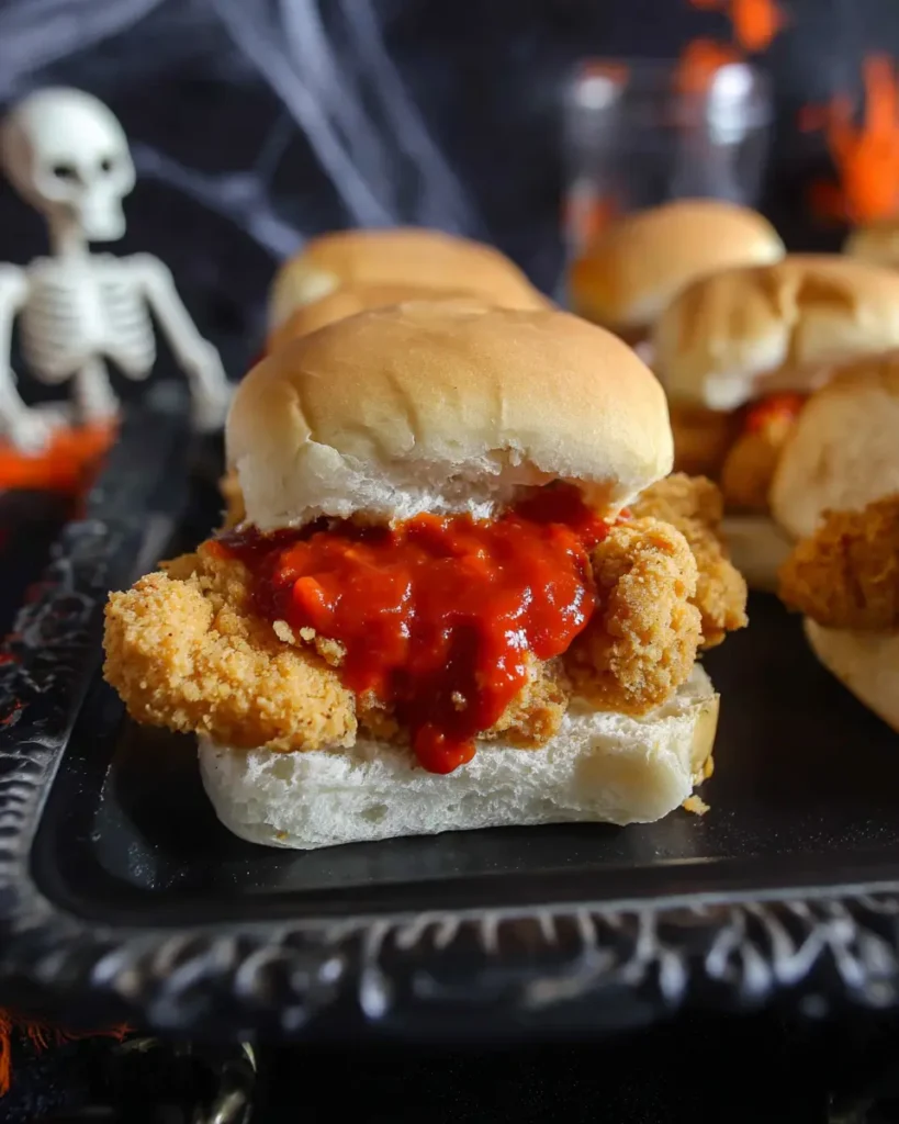 Slider bun with crispy chicken tenders topped with marinara sauce on a spooky black tray, step in making Halloween Chicken Parmesan Sliders.