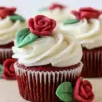 Halloween Two-Tone Rose Red Velvet Cupcakes – Spooky & Delicious 11 Red velvet cupcakes with white frosting and fondant rose decorations