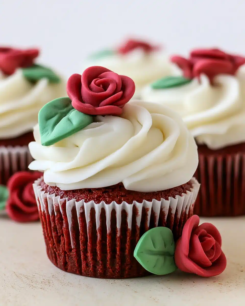 Red velvet cupcakes with white frosting and fondant rose decorations