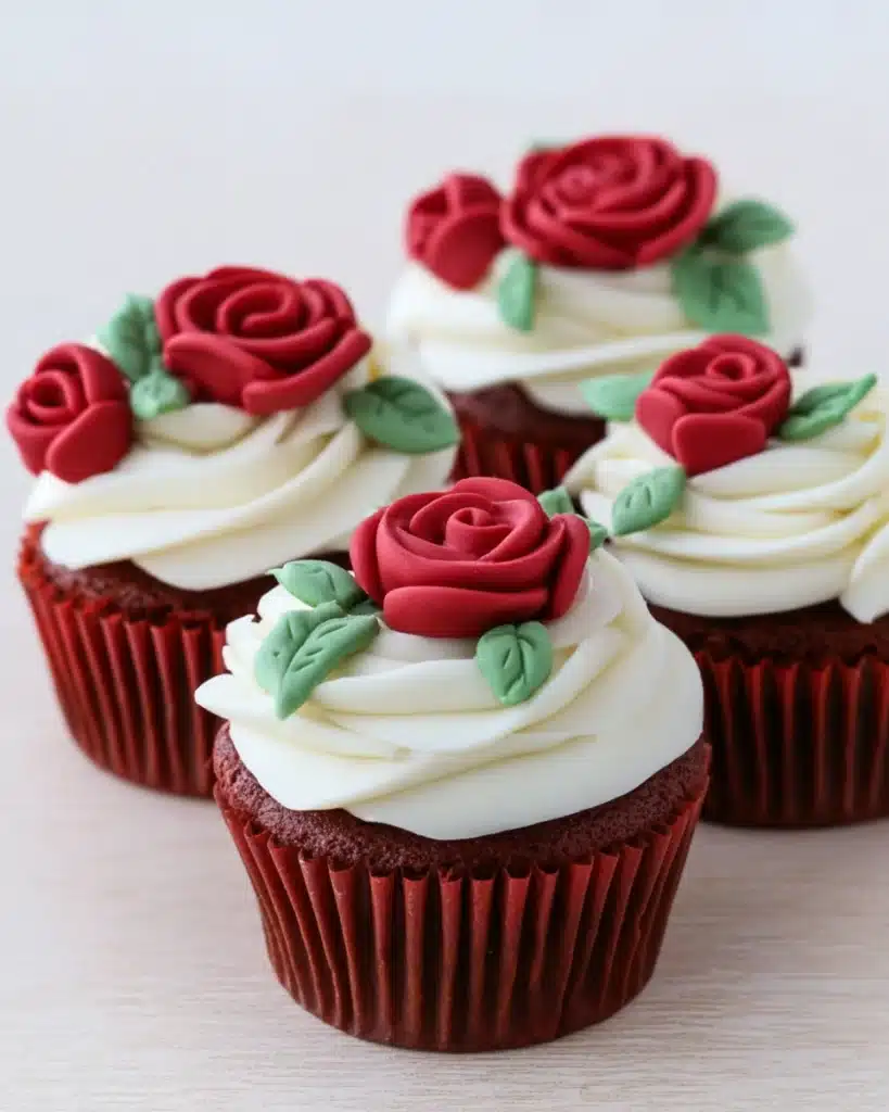 Halloween Two-Tone Rose Red Velvet Cupcakes – Spooky & Delicious 9 Halloween Two-Tone Rose Red Velvet Cupcake with fondant rose detail