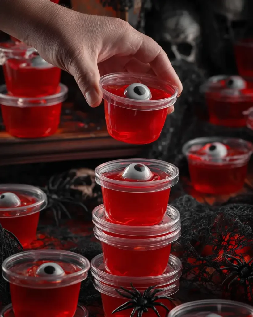 Hand holding a Halloween eyeball jello shot cup with candy eyeball on red gelatin, surrounded by stacked cups and spooky props.