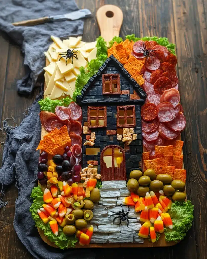 Halloween Charcuterie Boards – Spooky, Fun, and Delicious 12 Halloween charcuterie board shaped like a haunted house with cheese, meats, and olives