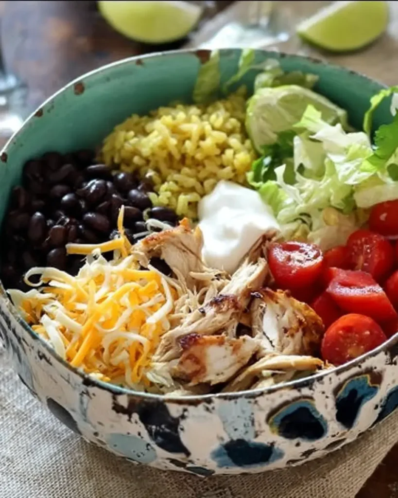 Colorful rotisserie chicken burrito bowl with avocado, black beans, cheese, rice, and fresh toppings in a patterned bowl