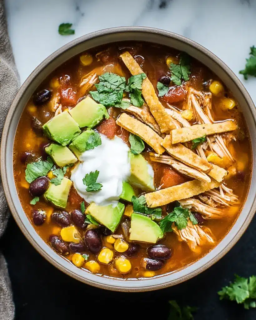 Chicken Corn Chowder (Creamy Crockpot Recipe) 9 Chicken tortilla soup with avocado, black beans, corn, sour cream, and crispy tortilla strips in a ceramic bowl