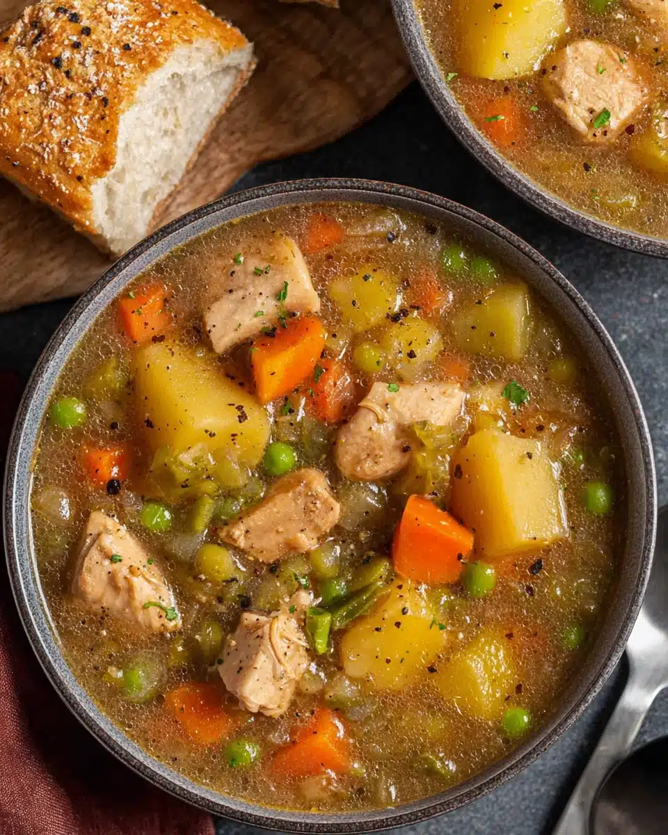 Hearty slow cooker chicken stew in bowls with potatoes, carrots, celery, peas, and tender chicken, served with crusty artisan bread on a rustic table.