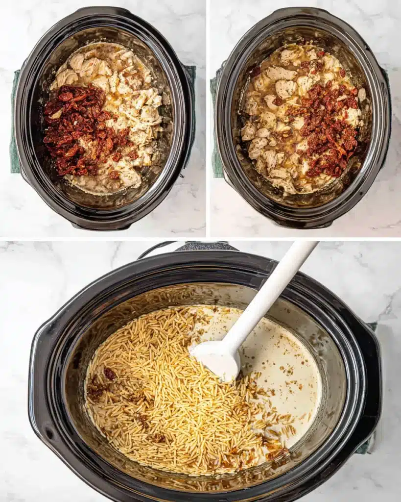 Creamy Tuscan Chicken Orzo – A Wonderful Slow Cooker Dinner 12 Step-by-step process of adding cream and orzo to Tuscan chicken in a slow cooker