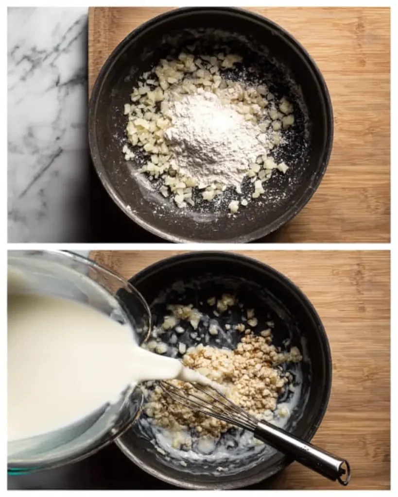 Loaded Baked Potato Soup Recipe for Cozy Nights 9 Cooking roux for loaded baked potato soup with onions, flour, and milk in a pot being whisked.