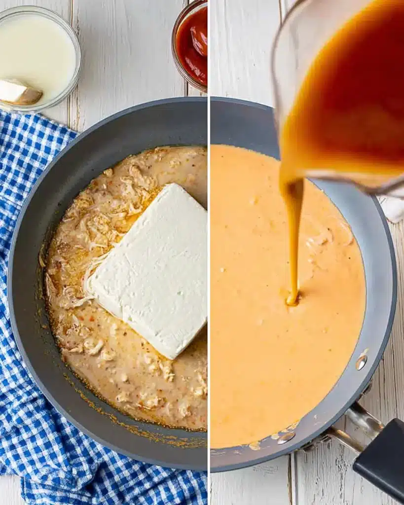 Cream cheese, buffalo sauce, and chicken broth melting in skillet for pasta casserole