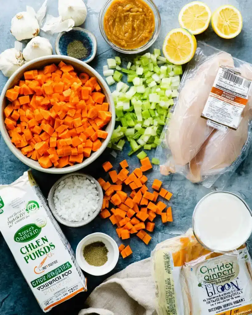 Chicken and Pumpkin Dumplings – A Deliciously Cozy Fall Favorite 9 Flat lay of ingredients for chicken and pumpkin dumplings including chopped vegetables, raw chicken, pumpkin purée, broth, and seasonings
