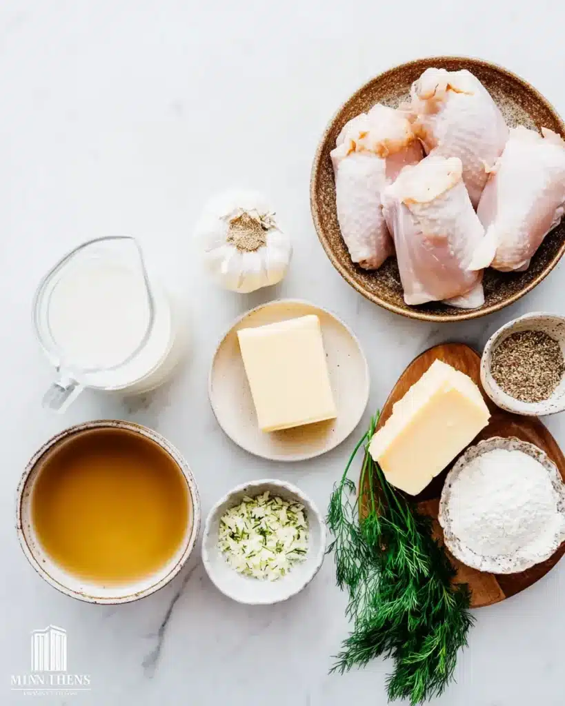 Creamy Oven Baked Chicken Thighs – Easy Comfort Food 9 Flat lay of raw chicken thighs, Parmesan cheese, garlic, dill, butter, cream and broth on a marble surface