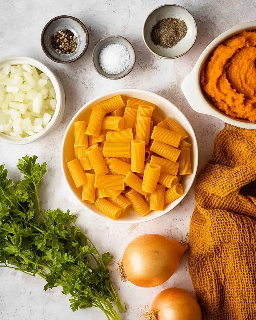 Flat lay of creamy pumpkin pasta ingredients including rigatoni, diced onion, pumpkin puree, and fresh parsley on a warm beige counter.