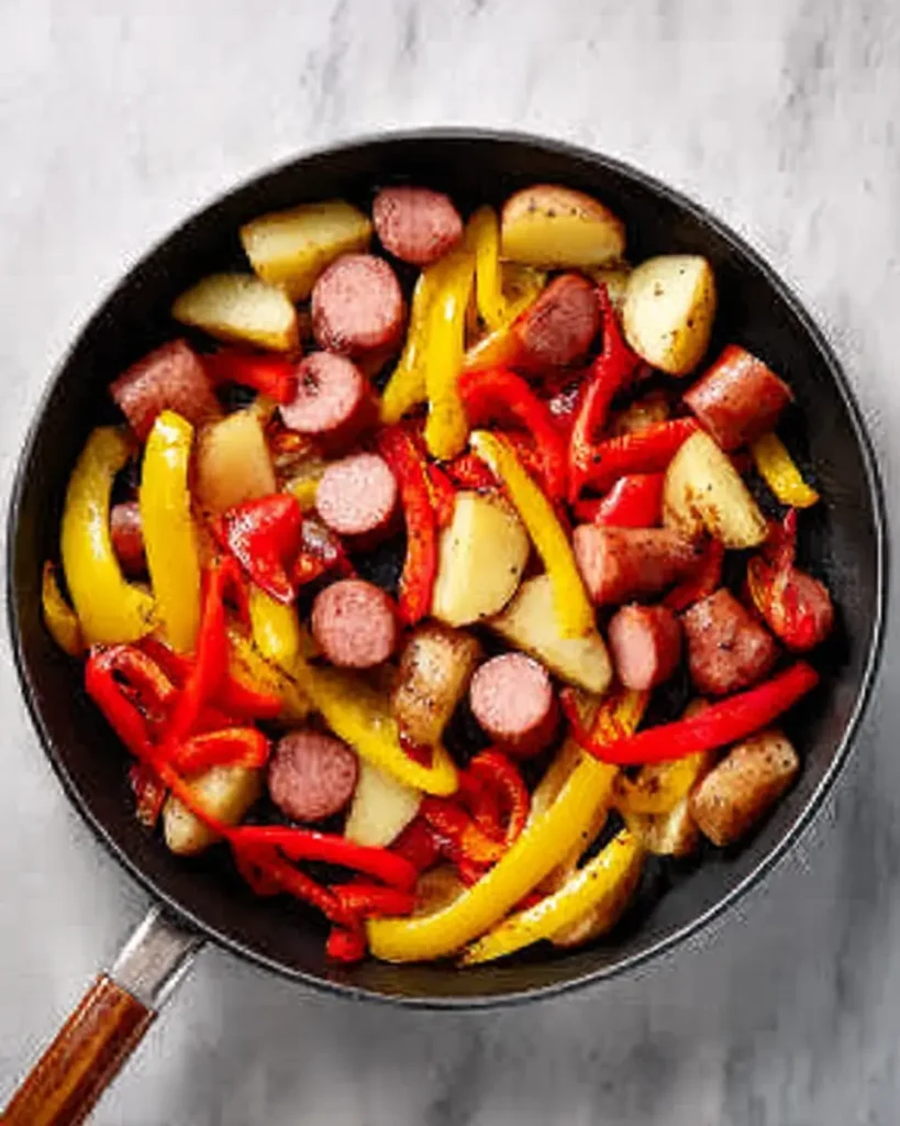 Overhead view of sliced kielbasa, potatoes, and red and yellow bell peppers in a skillet, ready to cook.