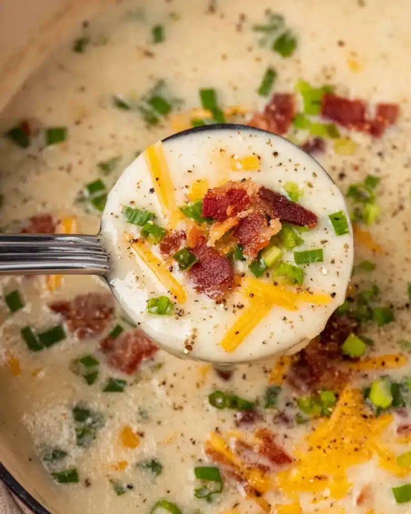 Creamy Potato Soup Recipe – Quick, Easy, and Comforting 13 Ladle of creamy potato soup with bacon, cheese, and green onions lifted from pot.
