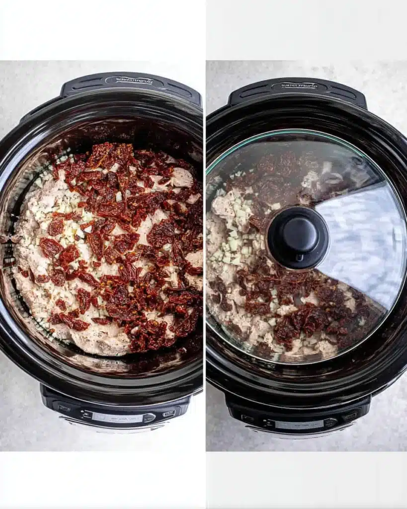 Creamy Tuscan Chicken Orzo – A Wonderful Slow Cooker Dinner 11 Sun-dried tomatoes, onion, and garlic layered over seasoned chicken in a slow cooker, before and after adding the lid