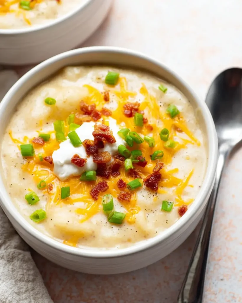 Loaded Baked Potato Soup Recipe for Cozy Nights 8 Creamy loaded baked potato soup topped with melted cheddar, crispy halal meat, sour cream, and fresh scallions in a white bowl.