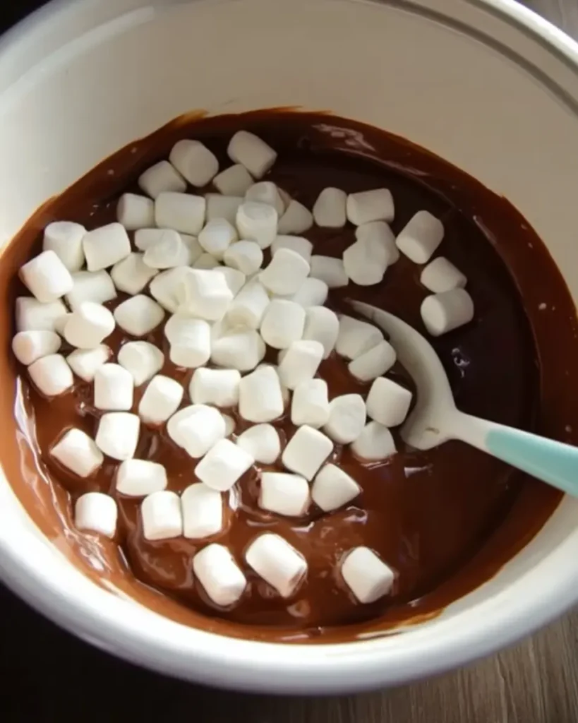 Mini marshmallows in a bowl of melted chocolate with a spoon, ready for mixing.