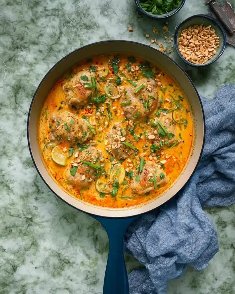 One Pan Coconut Lime Chicken Recipe with Creamy Sauce 7 Overhead view of coconut lime chicken thighs simmering in creamy orange sauce with cilantro, peanuts, and scallions in a blue-handled pan