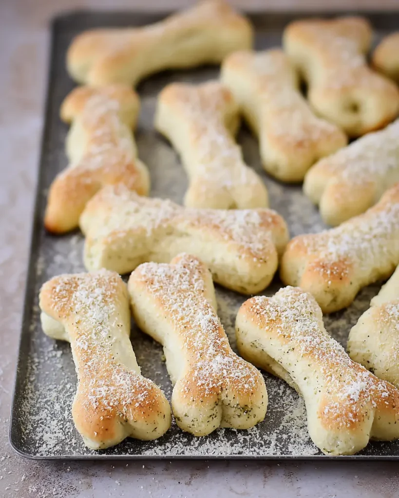 Golden bone-shaped breadsticks sprinkled with Parmesan on a baking tray, soft and fluffy Halloween snack.