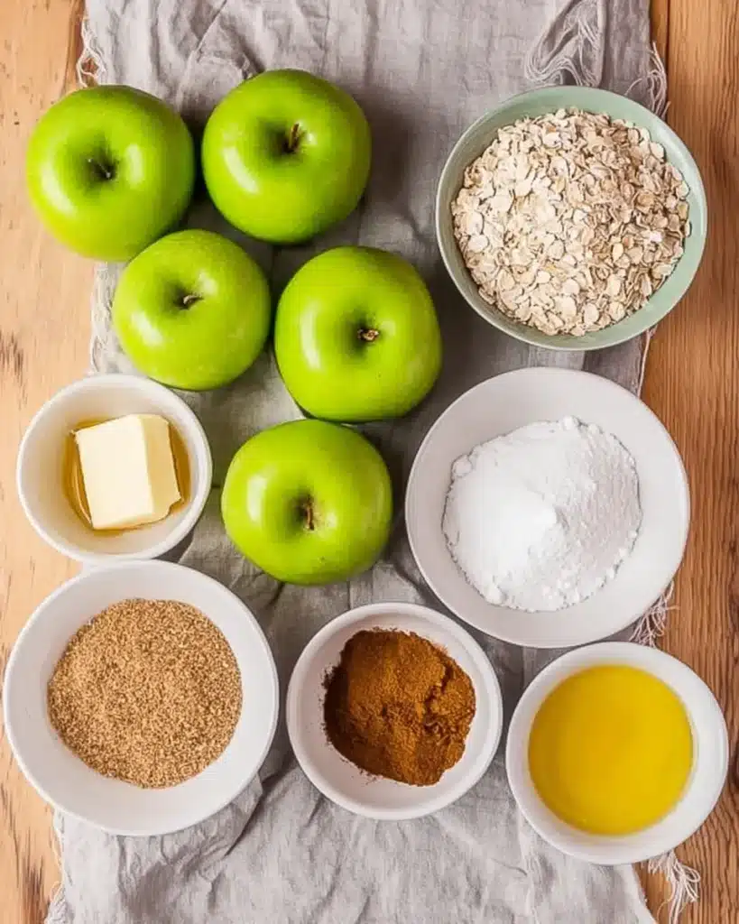 Pioneer Woman Apple Crisp Recipe – Warm, Sweet, and Buttery 11 Flat lay of Pioneer Woman Apple Crisp ingredients with green apples, oats, flour, butter, and cinnamon.